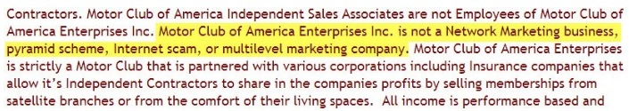 Motor Club of America MLM disclaimer